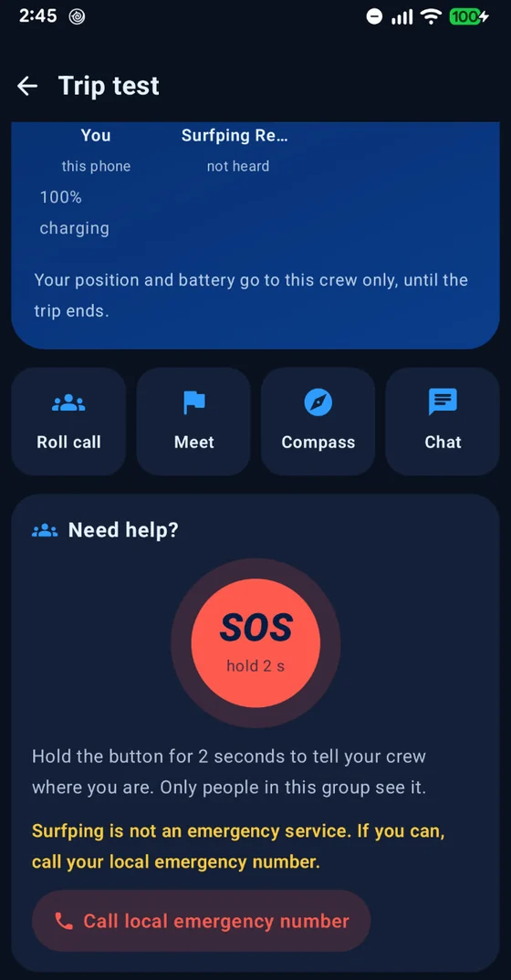 Surfping SOS button, shared only with the trip group